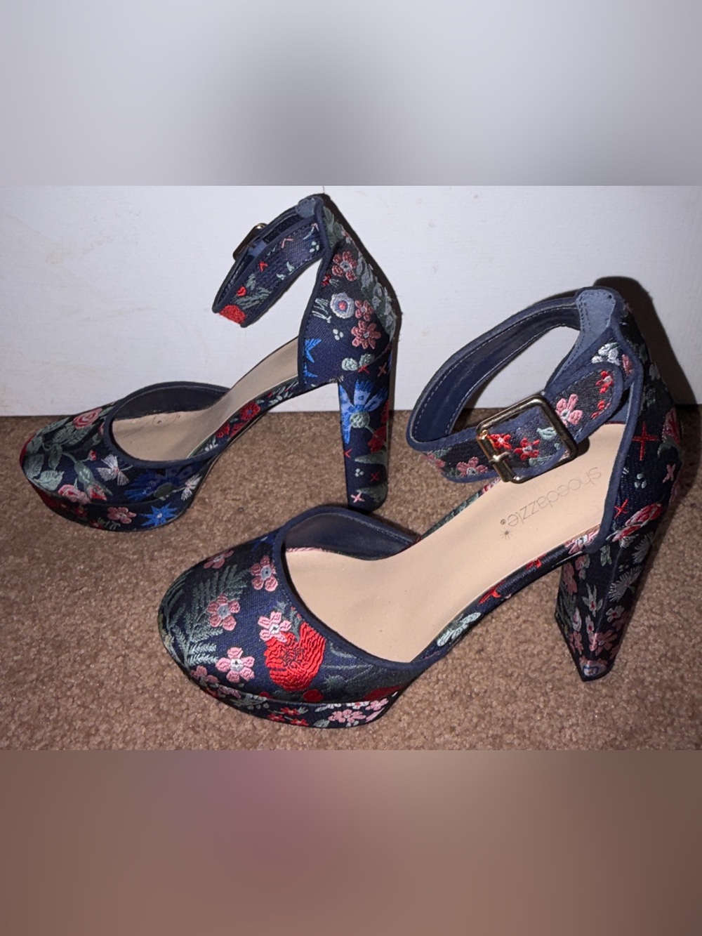 Navy Floral Embroidered Block Heel Sandals by Shoe Dazzle